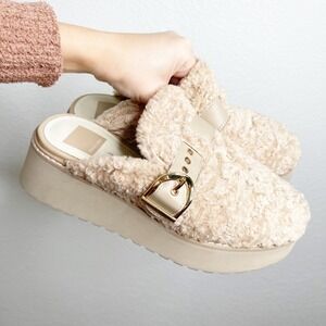 Dolce Vita Womens Tan Faux Shearling Platform Buckle Mules Clogs Size 8